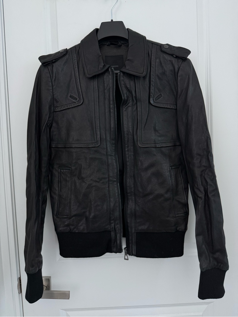 Rudsak - Men's Black Leather Bomber Jacket - Classic Zip Front